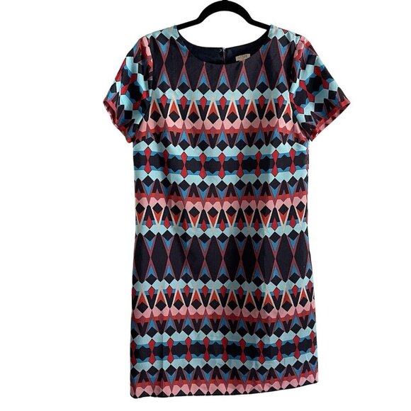 J.Crew Factory Women 6 Colorful Geometric Print Short Sleeve Gallery Shift Dress - Picture 2 of 10